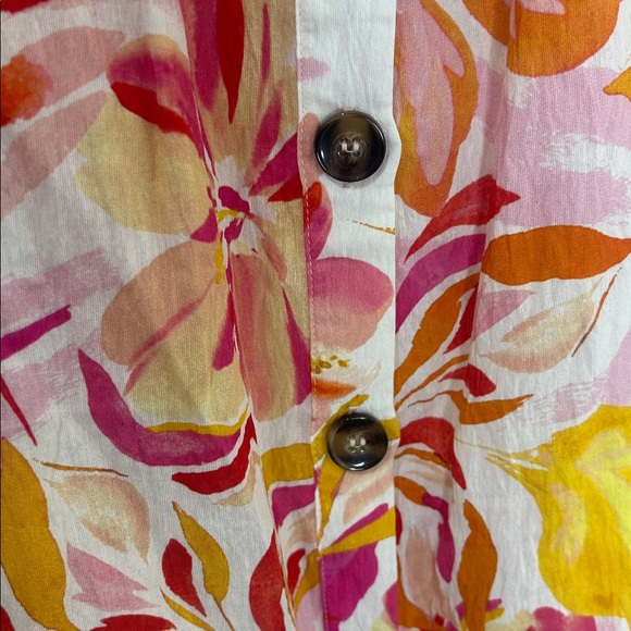 THML Floral Puff Sleeve Blouse Medium Pink Orange Tropical Ruffle Neck - Picture 15 of 16